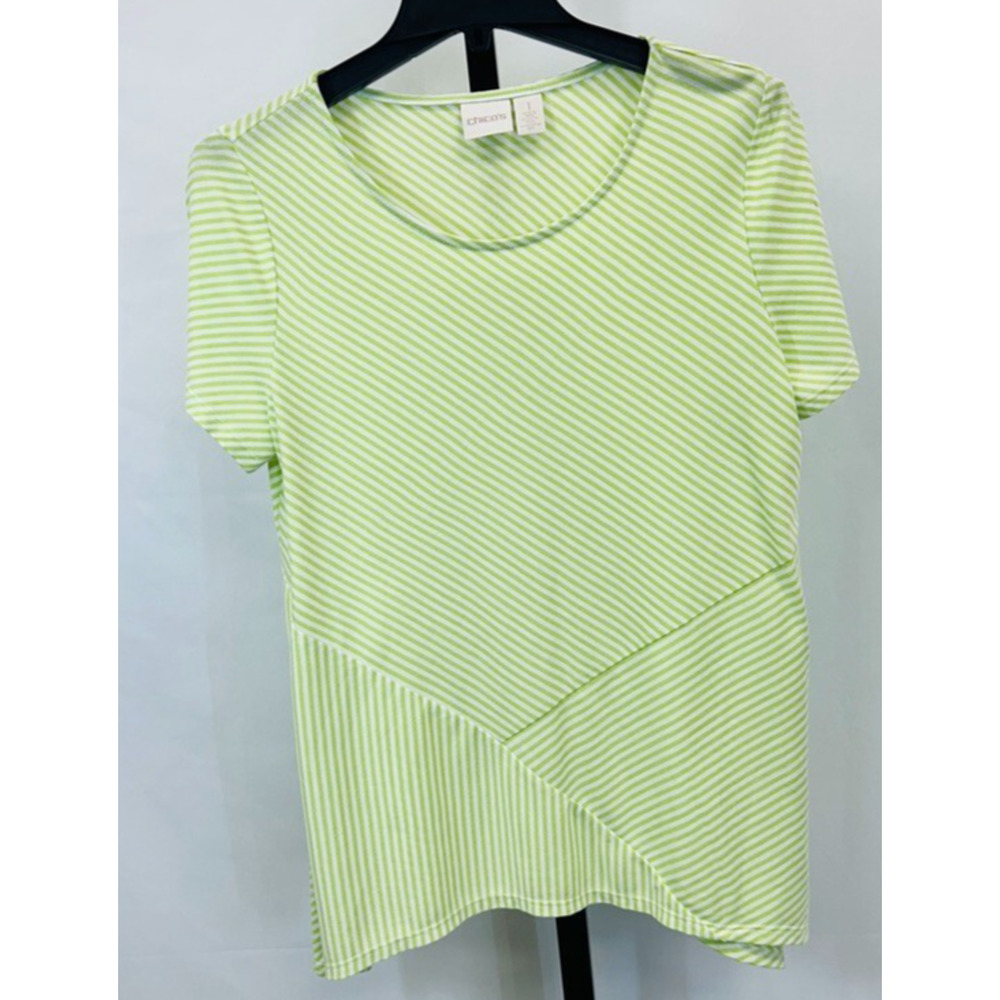 Chico's Women Size S (1) Short Sleeve Top T Shirt Green Diagonal Stripe